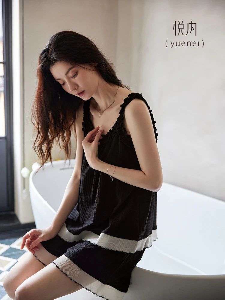 pure-cotton-summer-sleepwear-women's-sleeveless-strap-vest-shorts-home-clothes-loose-casual-two-piece-set-with-chest-pad