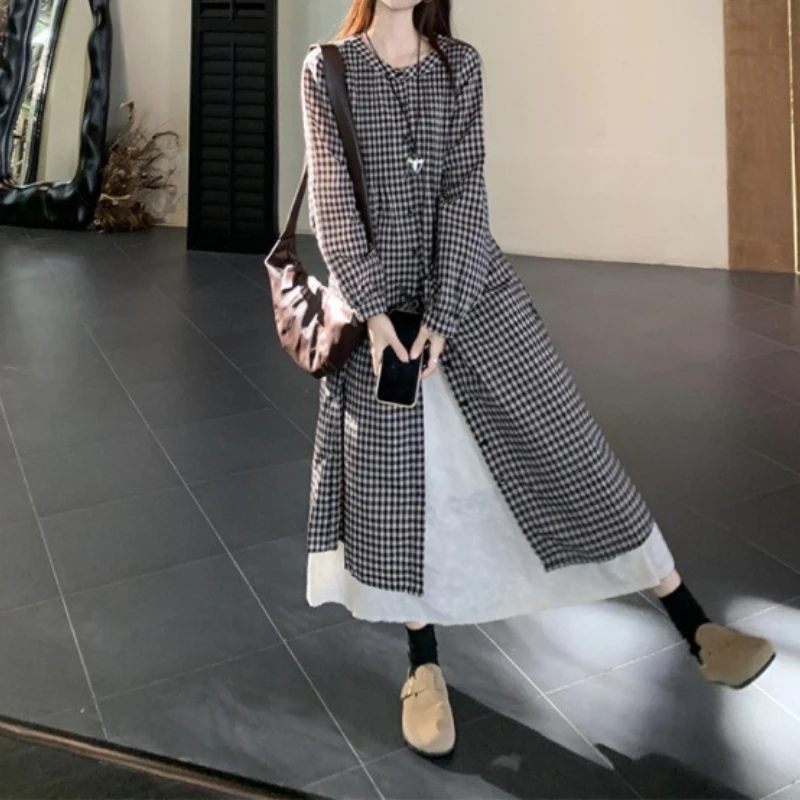 اليابانية منقوشة قميص طويل الأكمام تنورة المرأة الخريف الطبقات كسول نمط طالب مزاجه فستان المرأة قطعتين دعوى