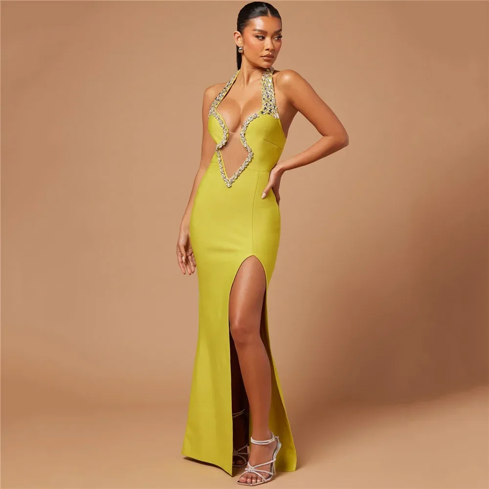 

GPBD Women Elegant Bandage Dress Sexy Beading Halter Bodycon Clothes Club Party Evening Dresses