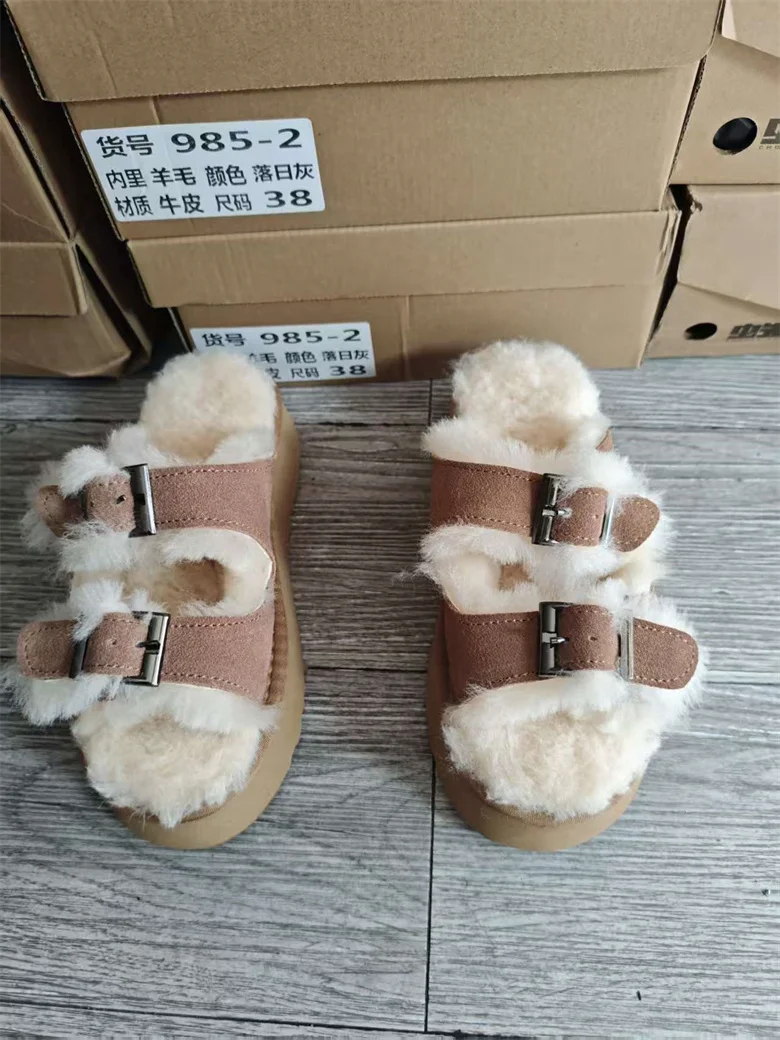 

Trendy Winter Snow Boots Pure Wool Leather Slip-On Warm Fashionable Outdoor Slippers Korean Style Short Tube Cotton Inner