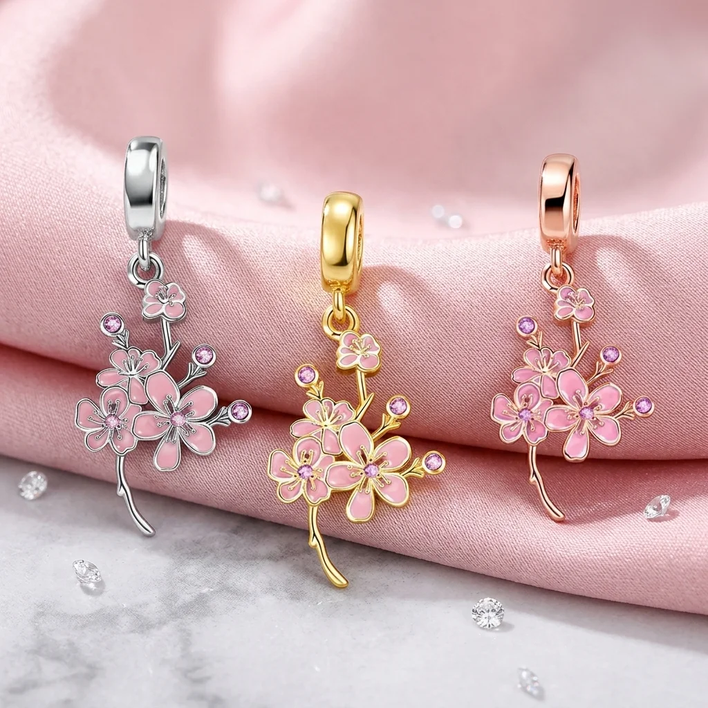 Hot Sale 3 Colors Cherry Blossom Dangle Charm Beads Fit Original Bracelet Necklace DIY Jewelry European Holiday Gift for Women