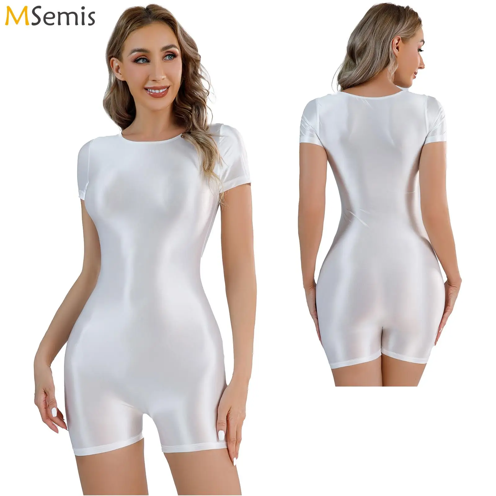 

Women Glossy Swimsuit Short Sleeve Bodysuit for Beach Pool Surfing Rash Guards Swimwear Yoga Fitness Workout Sports Bathing Suit