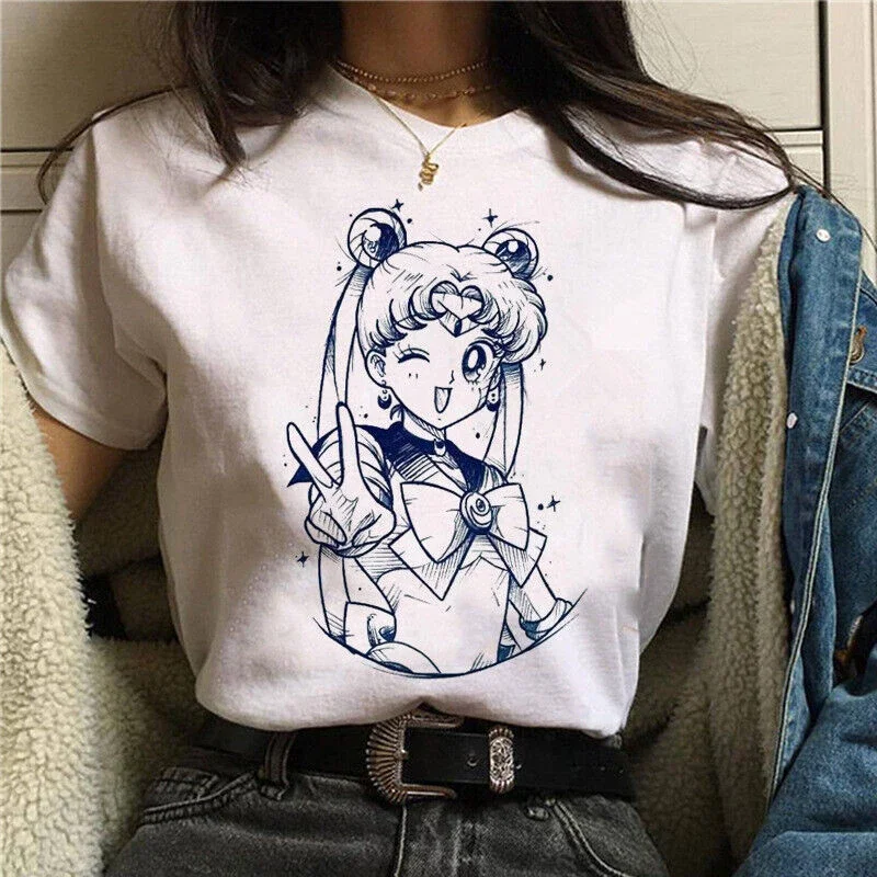 T Shirt 90s Anime Sailor Moon Retro Graphic Summer Cotton Men Women Tee Streetwear Casual Trend Short Sleeve Couple Hip Hop Top