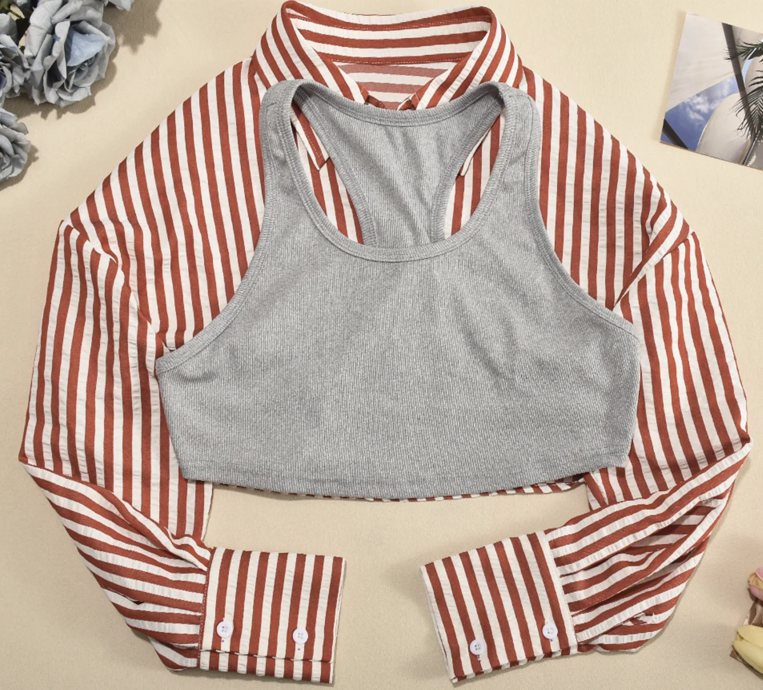 long sleeve t shirt stripes jacket with gray tank top and mini pleated skirt 3 piece set women streetwear outfits