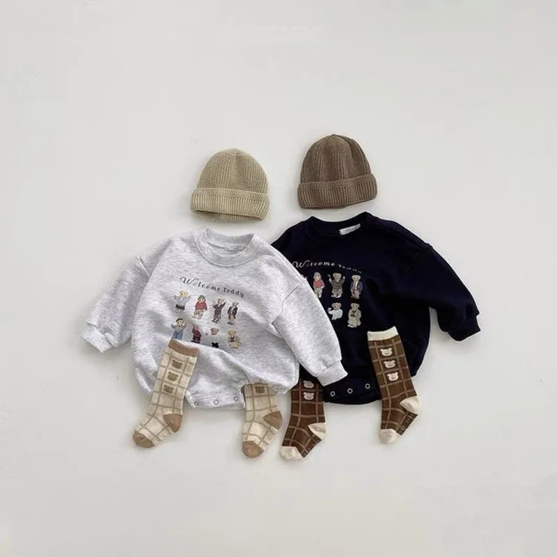 Newborn Baby Cartoon Long Sleeves Bodysuit 0-2y Infant Cute Soft Clothes Fashion Letter Cotton New Sweatshirts Outfits One Piece