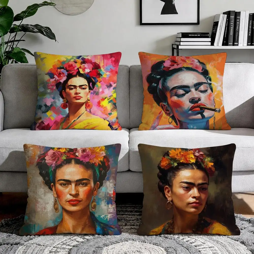 F-Fridas Painting Art Surreal Cushion Cover Organic Natural Linen Pillowcase with Double Sided Print for Sofa Home Decor Gift