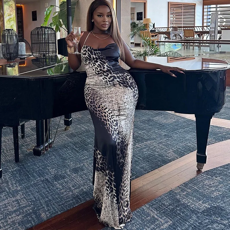

Off-Shoulder Tight-Fitting Spaghetti Strap Dress Snake Print Mid-Length Bodycon Dress Pullover Gown For Women Backless