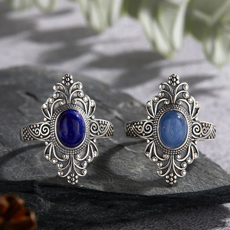 

QIBAOKU Retro S925 Sterling Silver Ring Natural Lazurite Kyanite Thai Silver Ring for Women Nepalese Style Adjustable