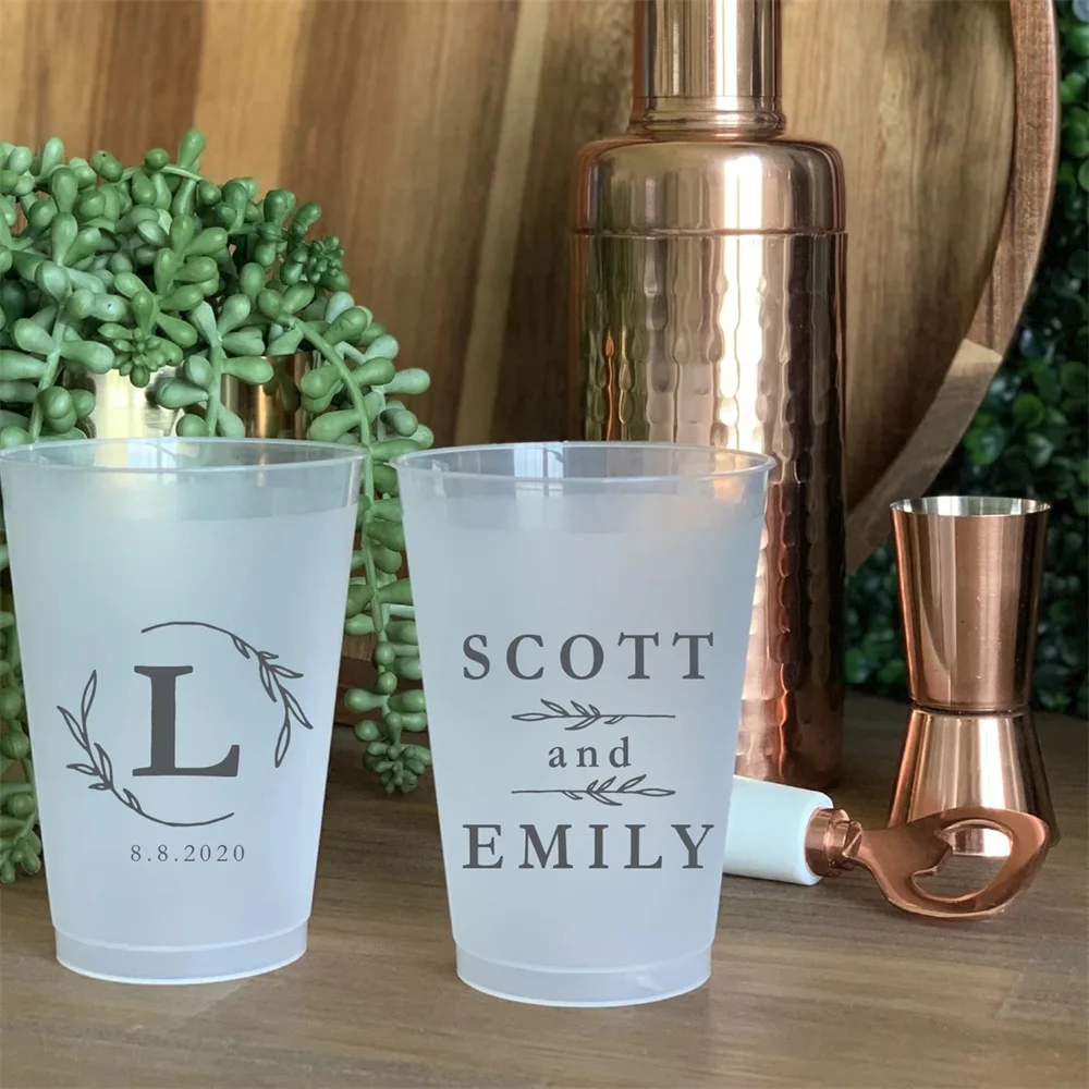 

Monogram Frosted Wedding Cups, Modern Wedding Cups, Fancy Elegant Script, Custom Wedding Cups, Plastic Cups, 16oz Frosted Cups