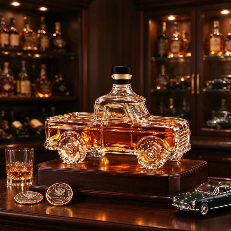 Stylowy, klasyczny dekanter w kształcie pickupa, butelka na whisky lub inne alkohole, kreatywny pojemnik na wino w kształcie samochodu, idealny jako dekoracja do baru lub domu, świetny pomysł na