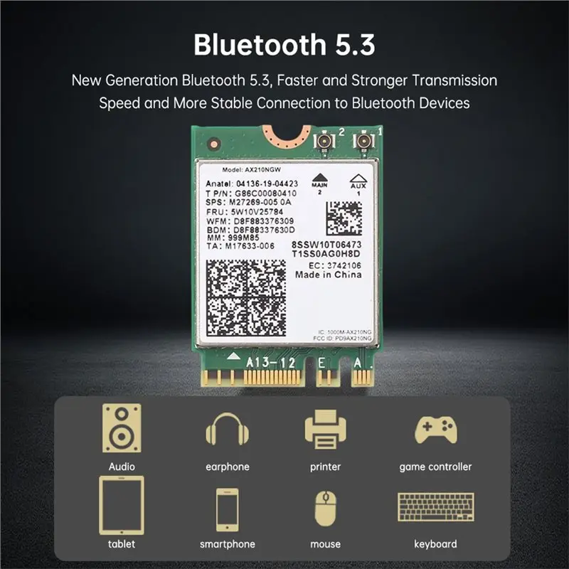 

A13E-Tri Band Wifi 6E Wireless Card AX210 With 8DB Antenna BT5.3 Support 2.4G/5G/6G 5374Mbps 802.11AX Network Card With Bracket