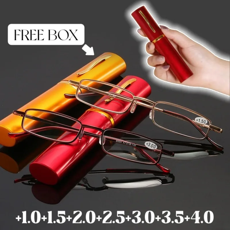 نظارات قراءة لكبار السن مع صندوق نظارات مجاني مضاد للتعب إطار معدني نظارات ريترو بسيطة متوفرة في +100 ~ +400 #1