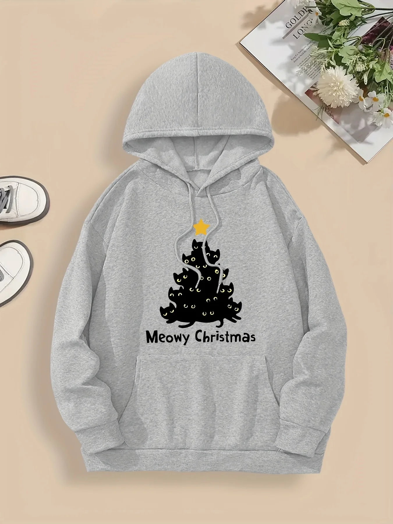 Świąteczna bluza damska z kapturem na jesień i zimę z nadrukiem kota i choinki, bluza Y2k, bluza z długim rękawem, odzież codzienna damska