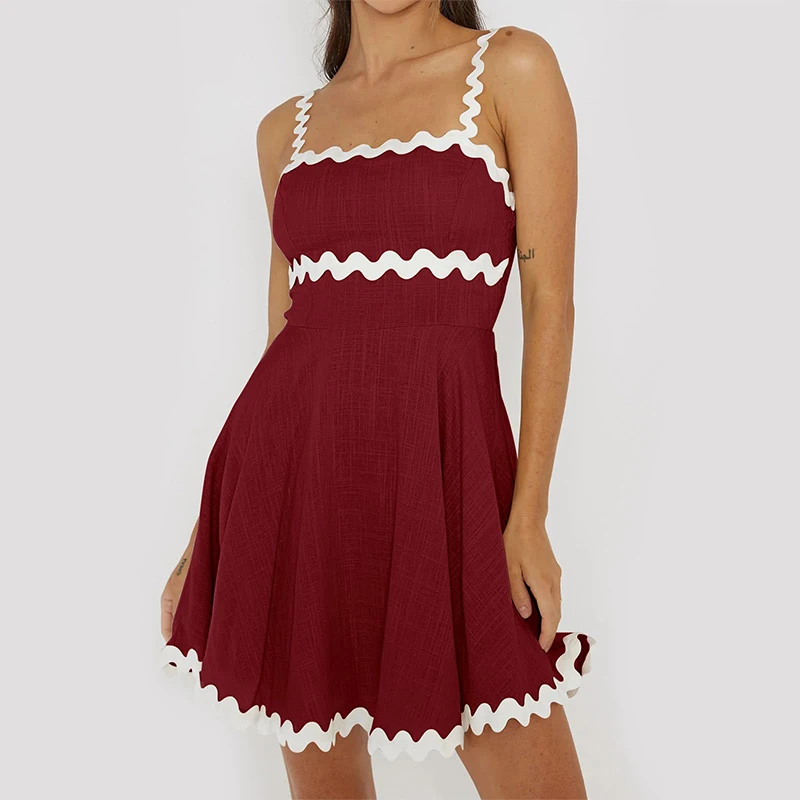 

Summer Women Spaghetti Strap A Line Mini Dress Rickrack Trim Smocked Backless Casual and versatile Beach Vacation Sundress