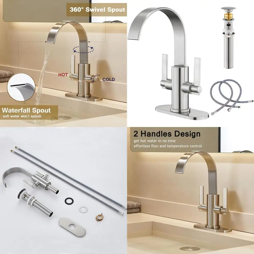 

3-Hole or 1-Hole Brushed Nickel Sink Faucet with 2 Handles, High-Arc Swivel Spout, Metal Pop-Up Drain and Supply Lines for Vanit