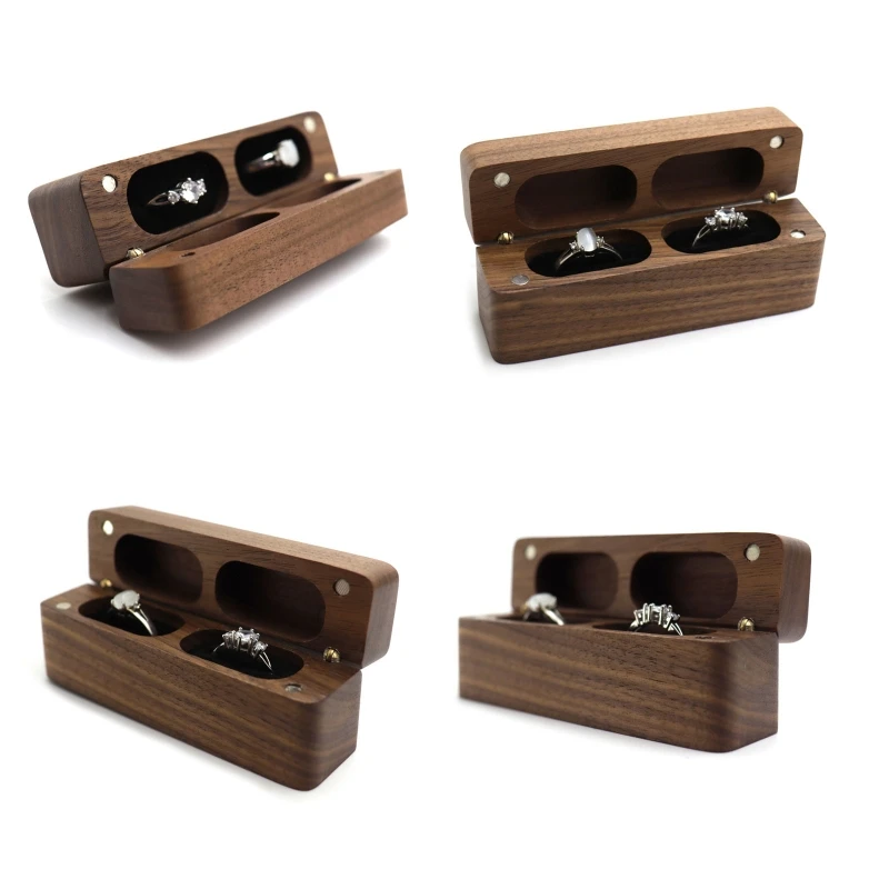 Q0KE Ring Box for Wedding Ceremony Wooden Double Ring Bearer Holder for Wedding Engagement Jewelry Boxes Walnut Holder