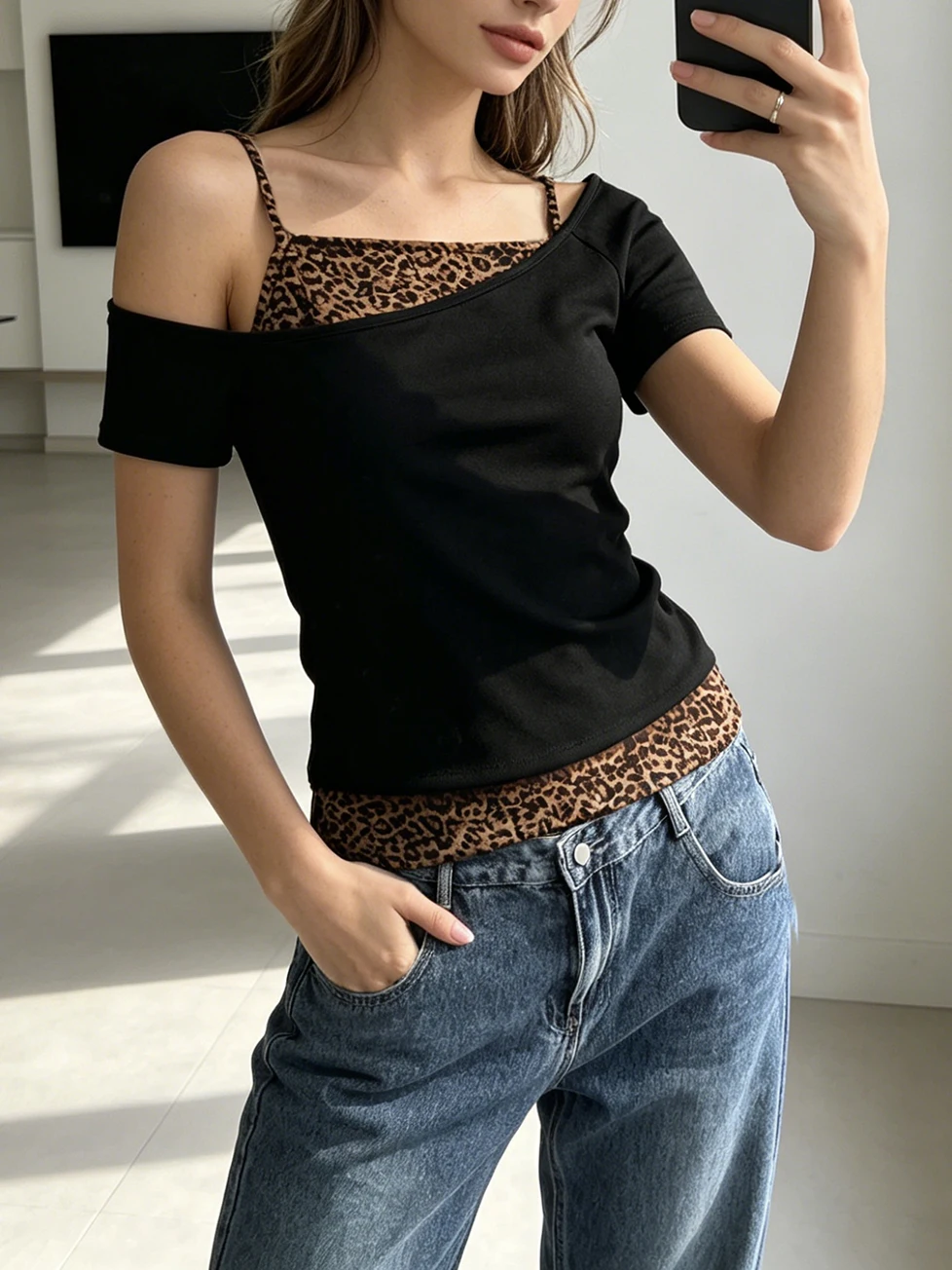 Summer Leopard Print Asymmetric Fake Two Piece Crop T Shirt, Simple Casual Short Sleeve Tee for Women Daily Street Wear