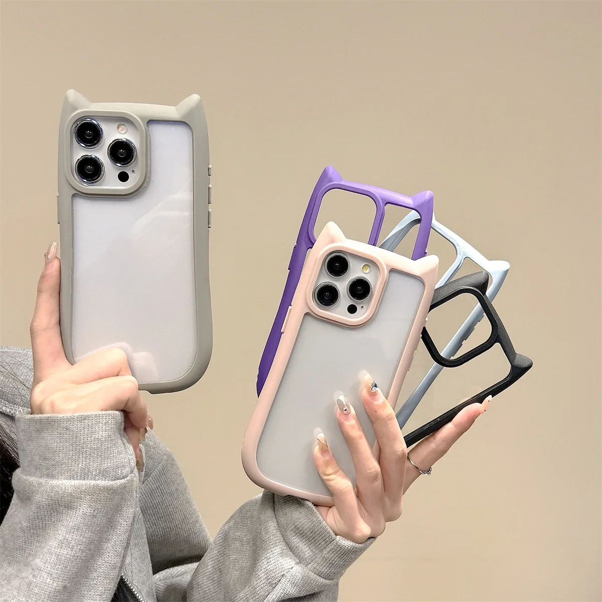 Funda transparente Kawaii con orejas de gato en 3D para iPhone 15, 14, 13, 12 Pro 11 Max, cubierta dura transparente acrílica a prueba de golpes de Color caramelo