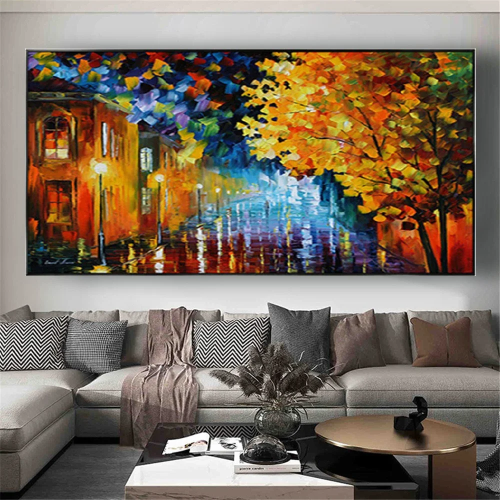 100% Handmade Knife Oil Painting Street Forest Thick Texture Colorful Scenery Art For Home Office Wall Decor Poster Exhibits