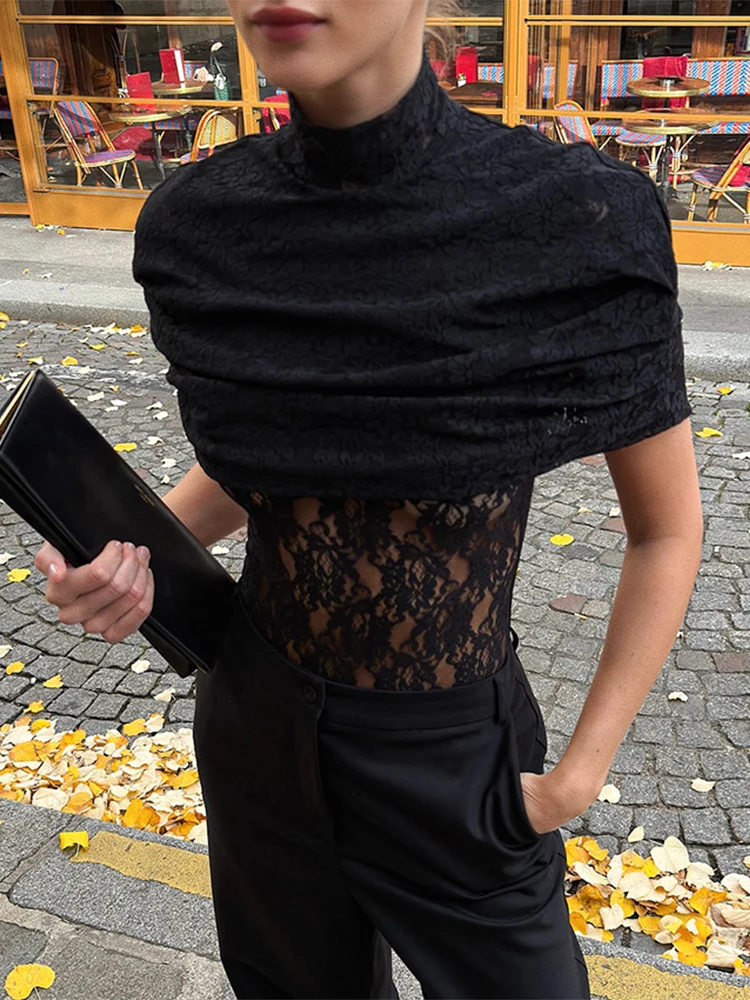 Trendix Hollow Out Lace Tops For Women Fashion High Neck Black See Through Shirts 2026 New Vintage Party Sexy Cover Up Top Femme