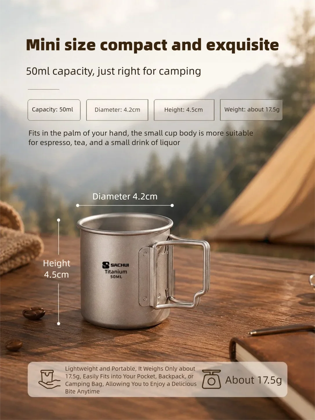 50ml Reiner Titan Mini Outdoor Ultraleichter Tragbarer Tee- und Kaffeebecher mit Klappgriff Camping-Wasserbecher Wander-Reise-Geschirr – Detail 3