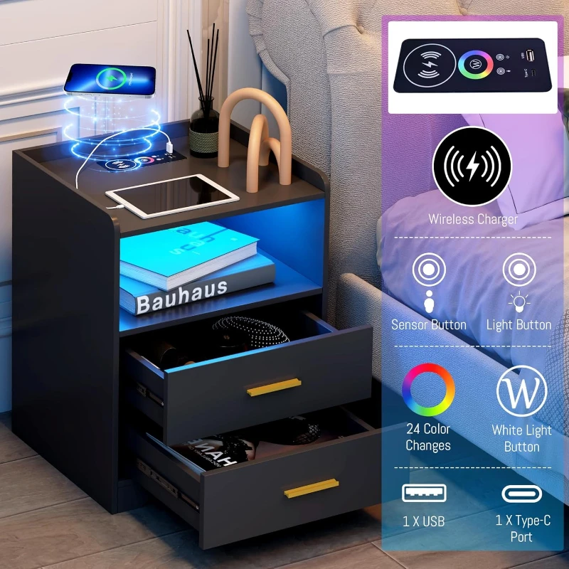 Black LED Nightstand with Charging Station Modern 24-Color RGB LED Lights Smart Lighted Black Bedside Table 2 Drawers Bedroom