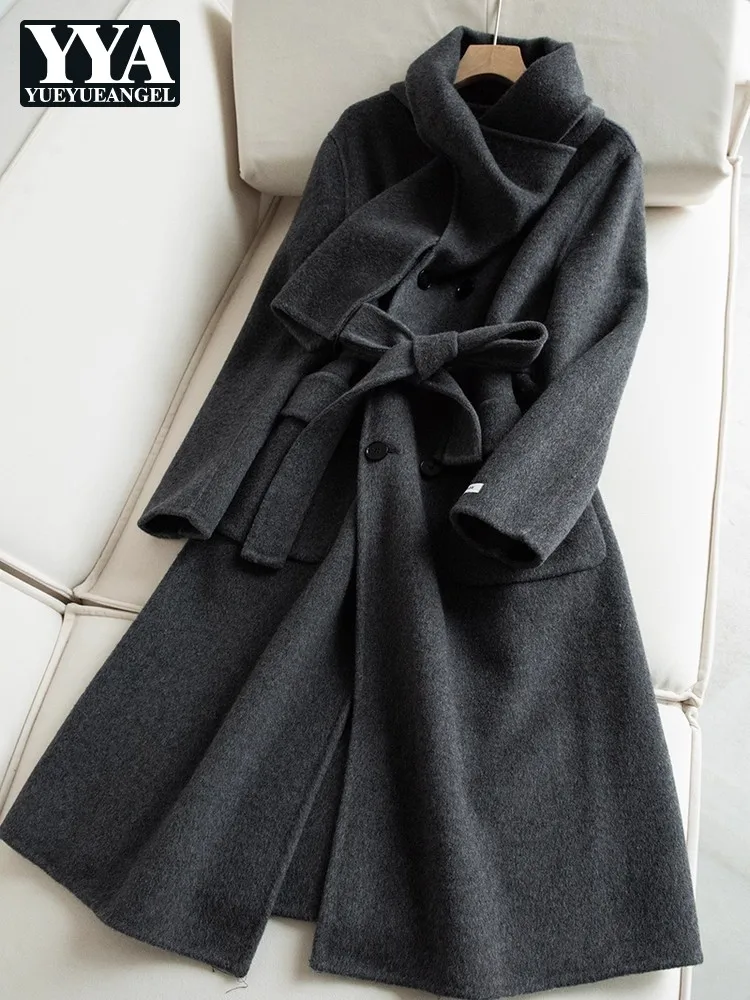 Solid Color Autumn Winter Office Ladies Elegant Woolen Coat Double Breasted Sashes Designer Fashion Female Medium Long Overcoat