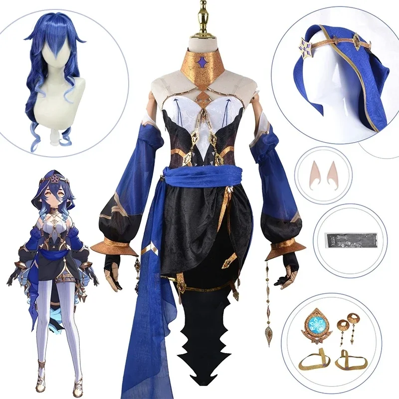 Disfraz de Cosplay de Anime Genshin Impact, conjunto completo de capas, vestido, medias, peluca