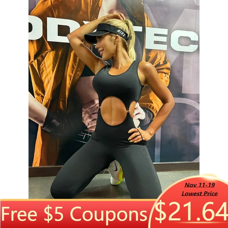 

Krisnanas Women's Clothes Jumpsuits for Woman Female Long Jumpsuits Sporty Skinny Belly-Hollow Solid Color U-Neck Yoga Sweatpant