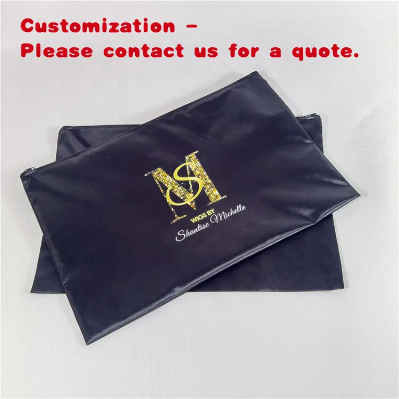

custom.Customized Wig Satin Polyester Zipper Satin Pouch Big Silk Bags Bundle Packaging Satin Bags Wigs Black Jewelry Custom