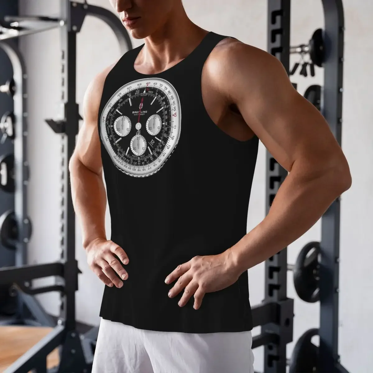 Schnell trocknendes schwarzes Luxus-Tanktop mit Uhrenzifferblatt-Design für Fitness und Bodybuilding – atmungsaktive Weste ohne Ärmel