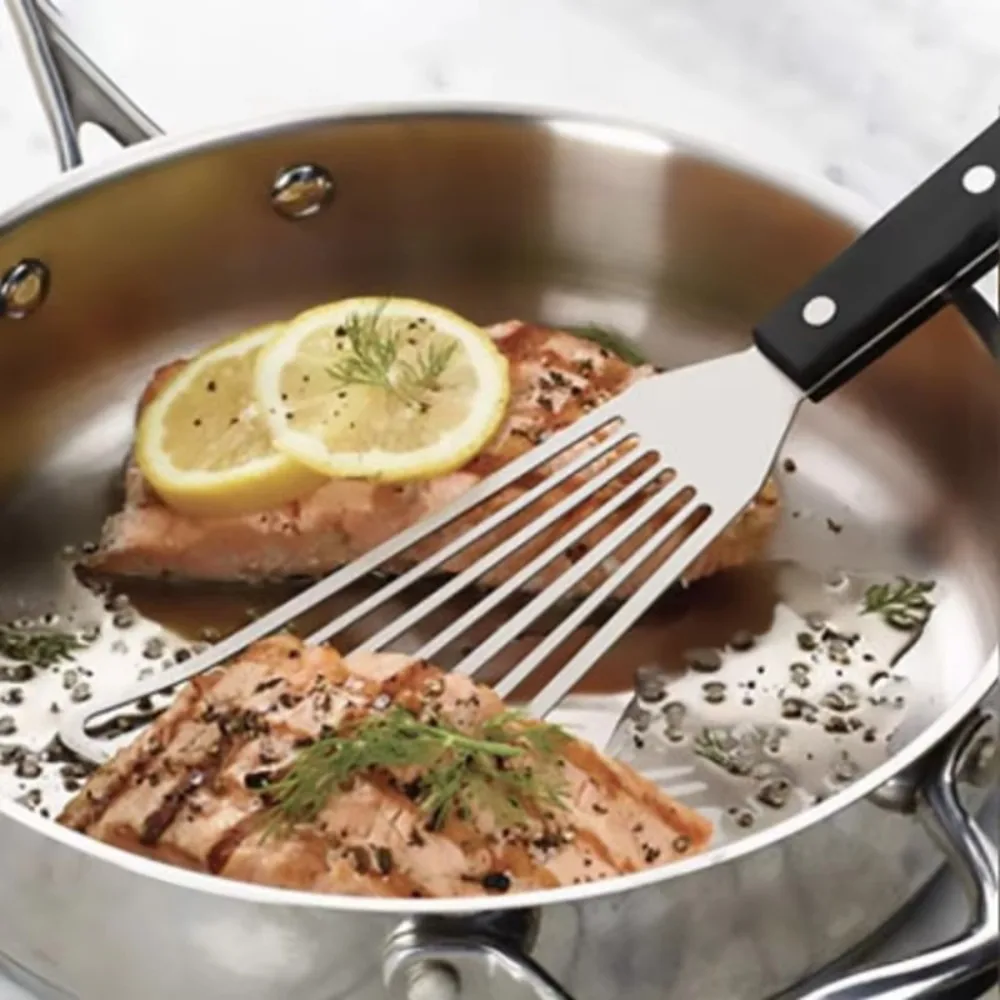 Pala para freír panqueques y carne en forma de abanico con mango de madera, volteador ranurado de acero inoxidable, utensilios de cocina antiadherentes