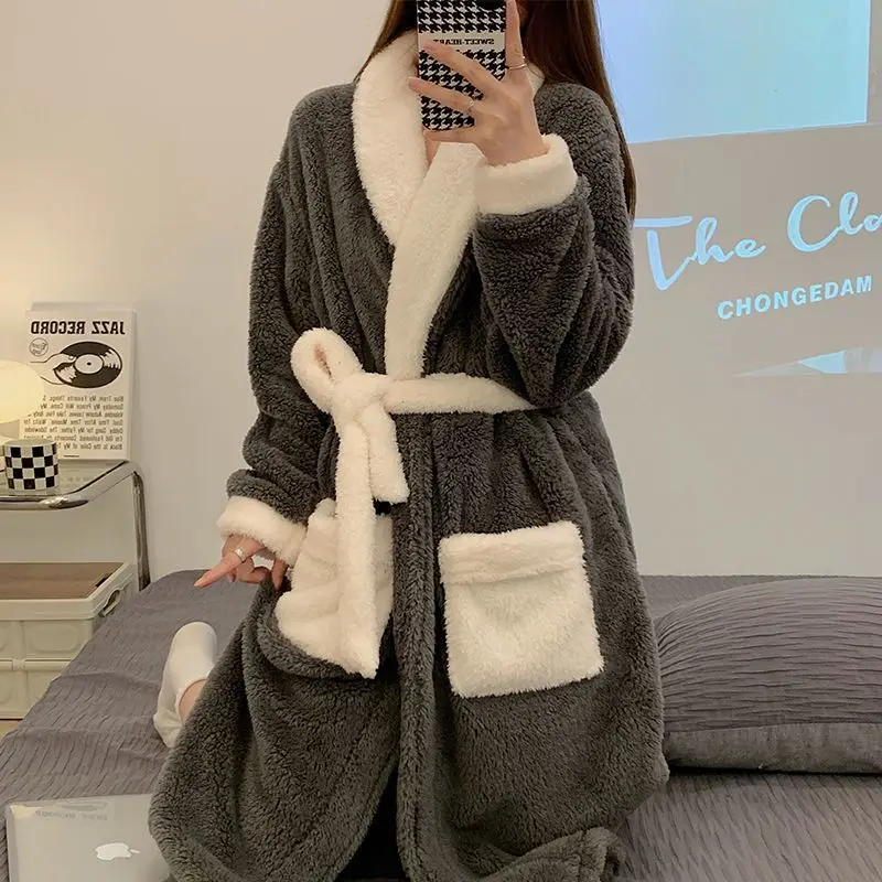 

Patchwork Sleepwear With Belt Women Coral Fleece Nightgown Winter Warm Robe Loose Thicken Kimono Bathrobes Gown Lingerie