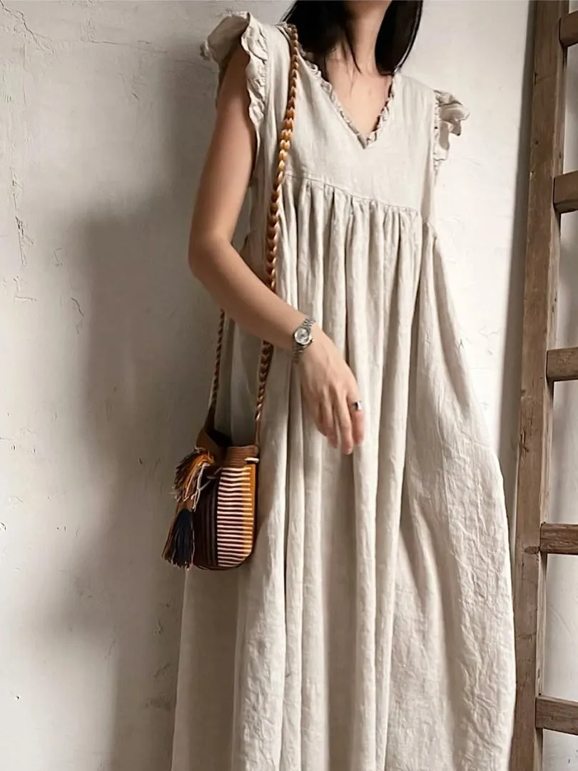 

Новая летняя женская повседневная макси-платье в корейском стиле с V-образным вырезом, длинное, А-силуэта, с деревянными пуговицами, модное