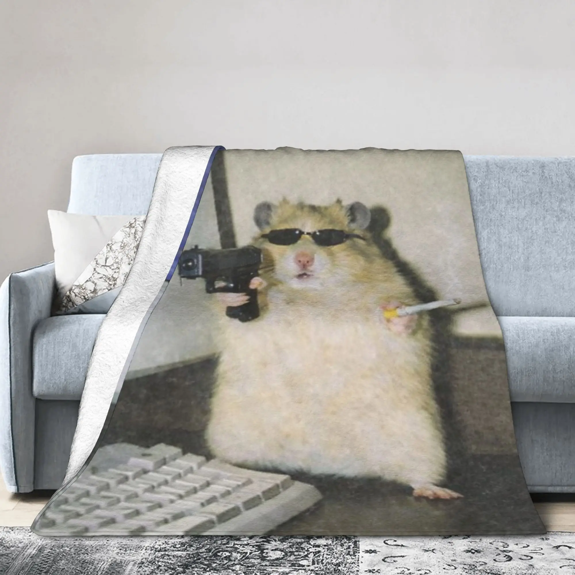 Cyber Hamster Funny Animal Meme Blankets Flannel Autumn Winter Cringe Multi-function Ultra-Soft Bedding Throw Blankets for Couch