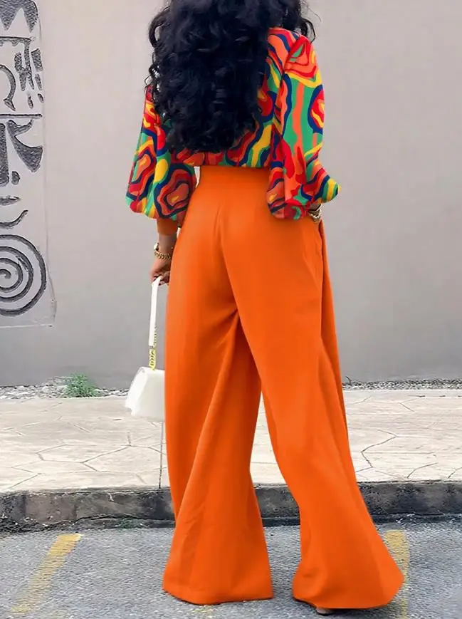 우아한 2피스 의상 플로럴 프린트 카울넥 랜턴 소매 신축성 있는 밑단 크롭탑 캐주얼 밴딩 허리 와이드 레그 팬츠 세트