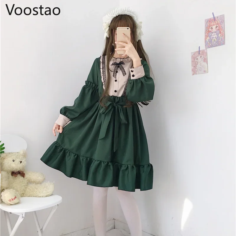 Japanese Kawaii Lolita Tea Party Dresses Women Ruffles Long Sleeve Gothic Bow Lace Dress Vintage Victorian Sweet Maid Vestidos M