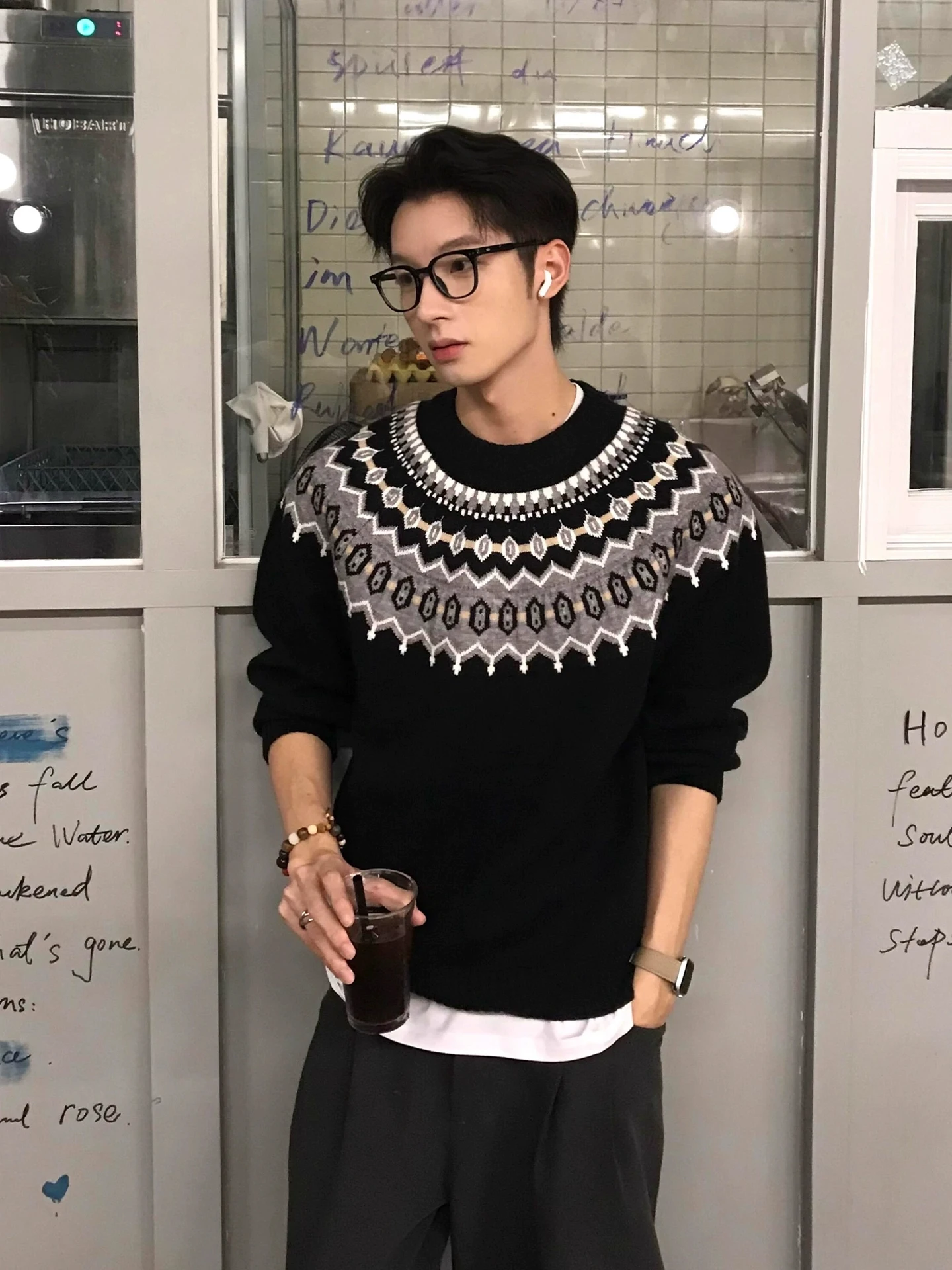 

Bla Fair Isle Knitted Sweater Men's American Retro Couple's Sweater Cleanfit High-End Base irt Straight Cut T-irt