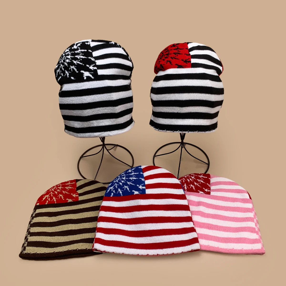 Niche American Retro Jacquard Flag Striped Knitted Hats New Men Women Warm Color Block Versatile Personal Fashion Casual Beanies