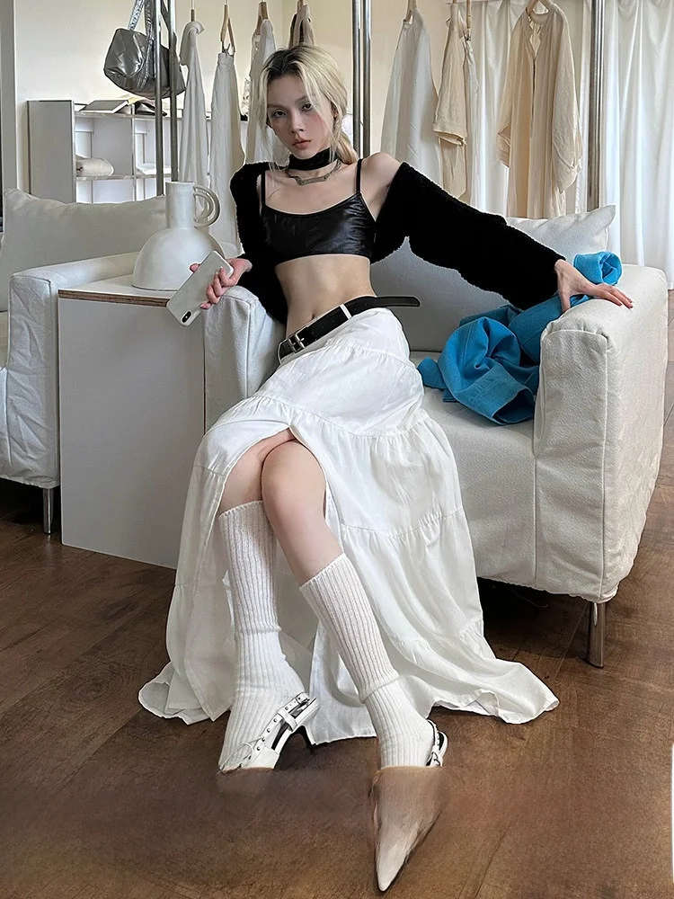 Casual White Cake Skirt Women's Floor-Length Asymmetrical Vintage Artistic Split Low Waist Linen Blend A-Line Skirt