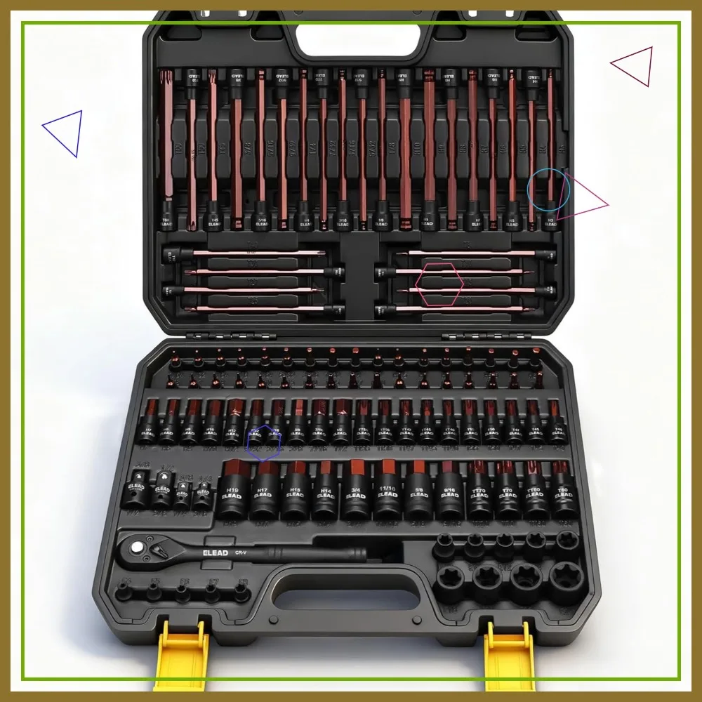 

112-Piece Torx & Allen Bit Socket Set, 1/4", 3/8", 1/2" Drive with Ratchet, Adapters, Extra Long & Tamper Proof Bits, SAE/Metric