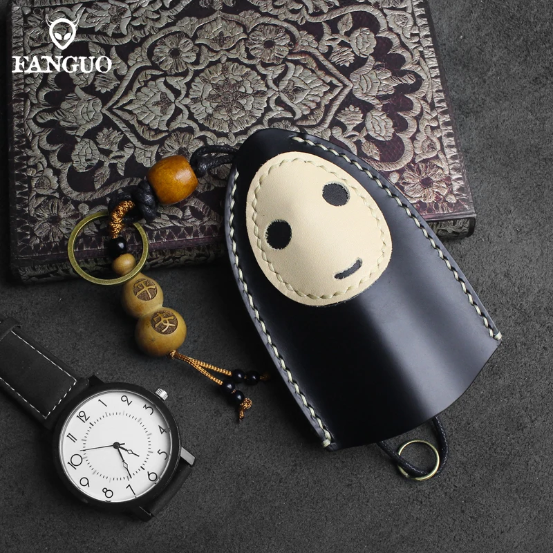 Handmade Genuine Leather Cute Black No Face Bag Charm Faceless Key Chain KeyRing