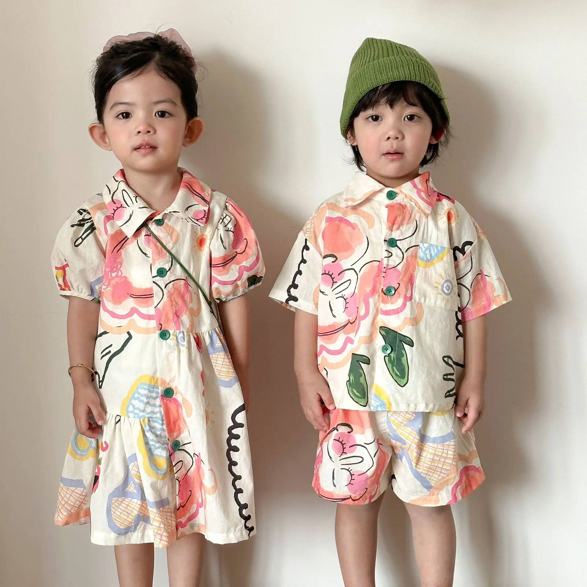 RAISE Summer Kids Brother Sister Matching Sets Graffiti Single Breasted Girls Dress Muslin Thin Shirts Beach Shorts 2PCS Outfits