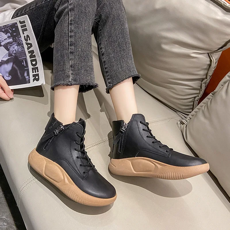 New Women Rubber Boots Ladies Leather Non-slip Shoes Flat with Fur Warm Soft Botas Female Casual Shoes Sneakers Platform Shoes