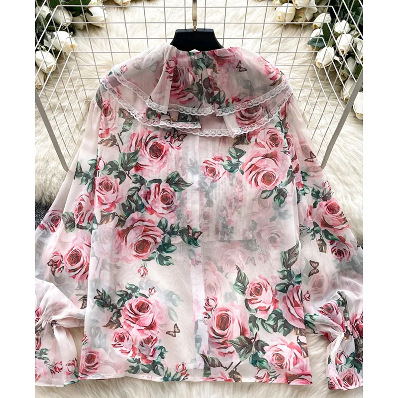 Women's Autumn Shirt French Temperament Printed Flared Sleeve Shirt with Ruffled Edges Loose Doll Collar Elegant Top BL034