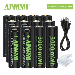 AJNWNM 1.5V USB AA Rechargeable Batteries 3000mWh 1.5v Lithium Batteries AA for remote control toys flashlight camera with USB C