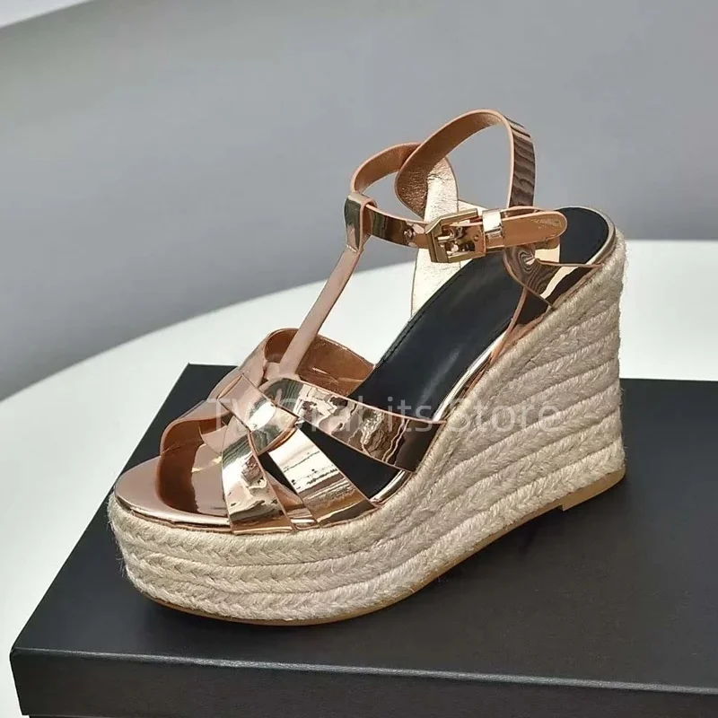 

Thick Soled Wedge Shoes Trendy Hand Woven Hemp Summer Platform Patent Leather Shiny Buckle Women Sandals Versatile Dress Shoes