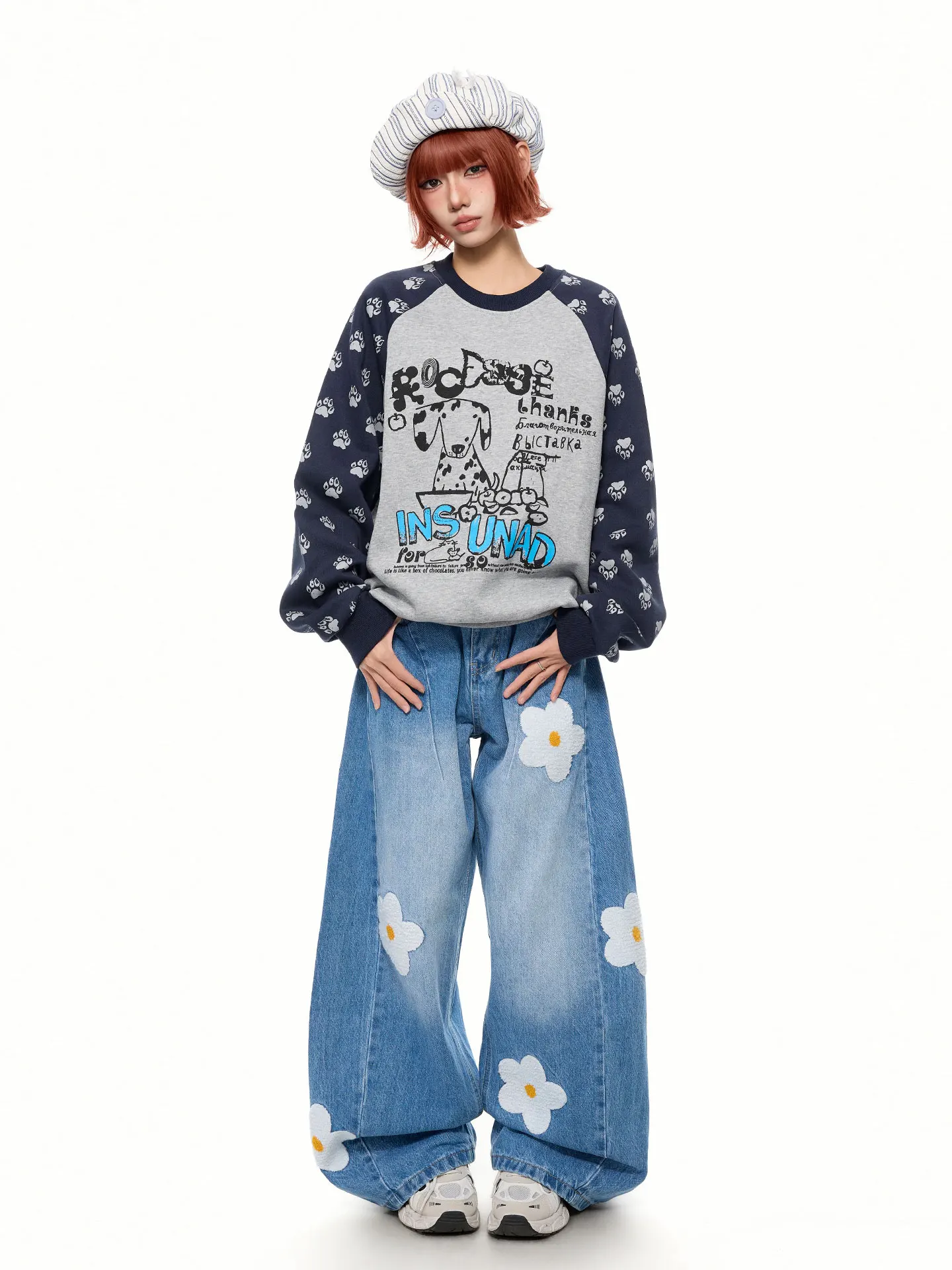 K787 American Retro Graffiti Spot Dog Print Long Sleeve Hoodie Unisex Loose Fit Comfortable Cotton Polyester Youth Fashion
