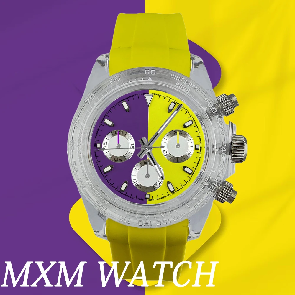 Reloj cronógrafo de 39,3mm para hombre, reloj bloqueado de Color, caja transparente de plástico, cronógrafo VK63, reloj de lujo de cristal, pulsera de goma