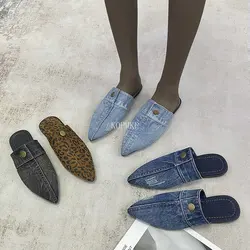 Fashion Denim Women Sandals Summer 2023 Low Heels Sandalias Sexy Pointed Toe Strap Slip-On Elegant Female Shoes Chaussure Femme